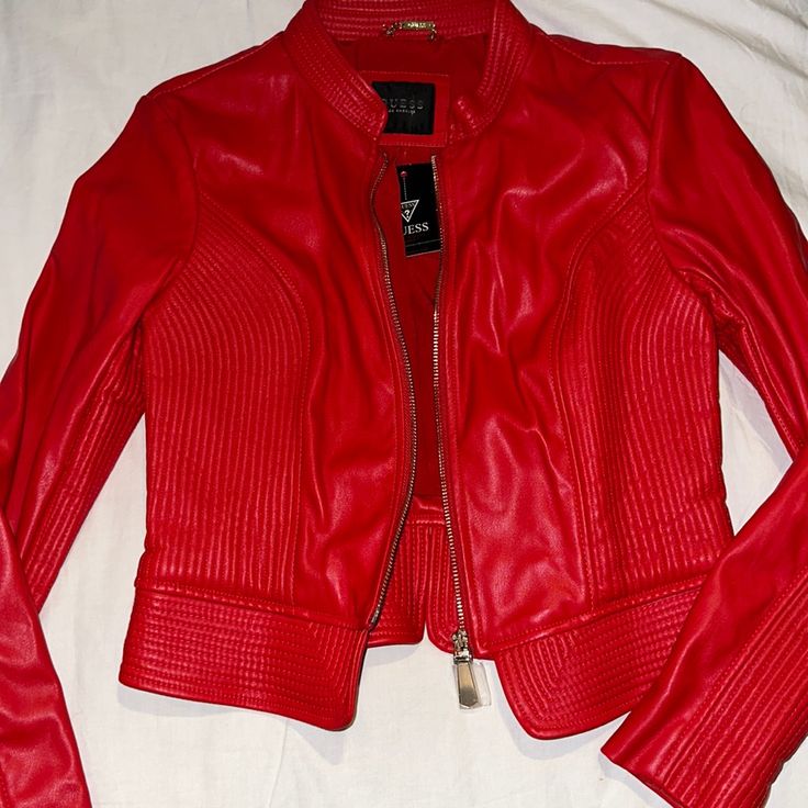 Guess Red Jacket, Very Sexy Color. New With Tags Some Light Flaws Though See Photos - I Don’t See A Size Tag Should Fit A Size: Xs/S Michael Jackson Style ( Ha Ha ) Revolve Concerts Fitted Casual Biker Jacket For Party, Red Fitted Leather Jacket For Winter, Fitted Red Leather Jacket For Winter, Red Fitted Biker Jacket For Fall, Red Fitted Long Sleeve Biker Jacket, Fitted Biker Jacket For Spring Night Out, Chic Fitted Biker Jacket For Night Out, Fitted Leather Jacket For Night Out, Fitted Leather Jacket For Night Out, Casual Style