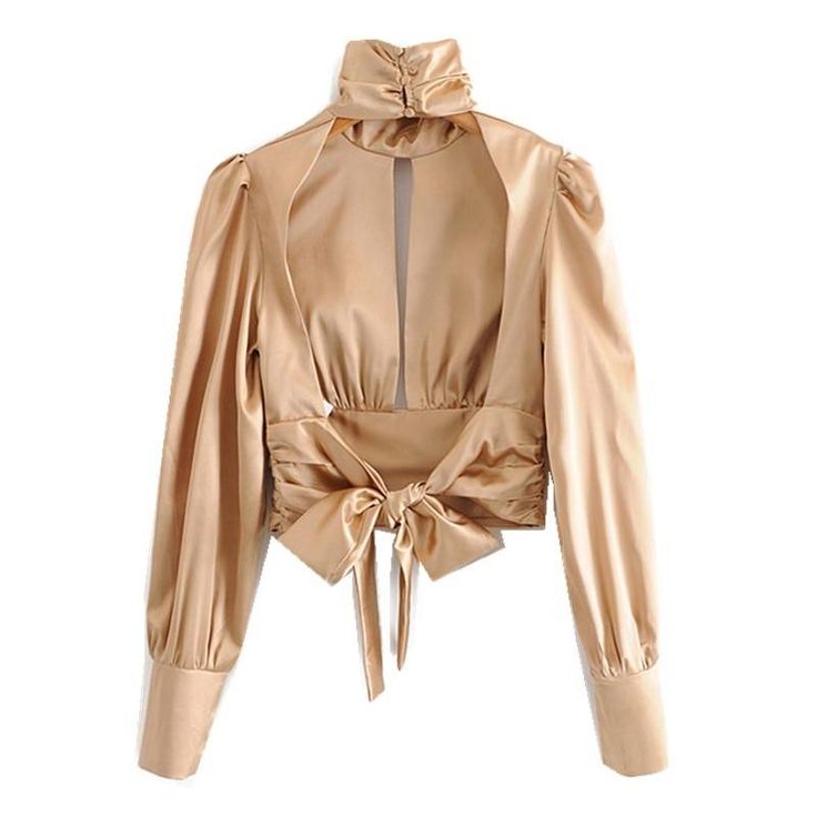 Elegant Apricot Ruched Pleated Slit Backless High Collar Tie Bow Blouse Shirt
Available Size: S M  L 

 S --- Bust : 84cm  Front Length: 46cm  Shoulder: 32cm Sleeve: 67cm

M --- Bust : 90cm  Front Length: 47cm  Shoulder: 33cm  Sleeve: 68cm

L --- Bust : 96cm  Front Length: 48.5cm  Shoulder: 34.5cm  Sleeve: 69.5cm

 1 inches=2.54cm
The size is measured by hand measurement allow 1-3 cm Error please. Backless Shirts, Backless Turtleneck, Satin Fashion, Backless Top, Bow Blouse, Tie Bow, Tie Styles, Satin Shirt, Fashion Korean