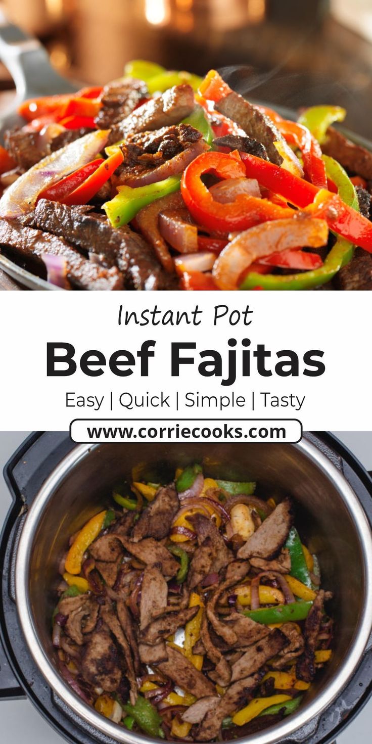 beef fajitas with peppers and onions in a skillet