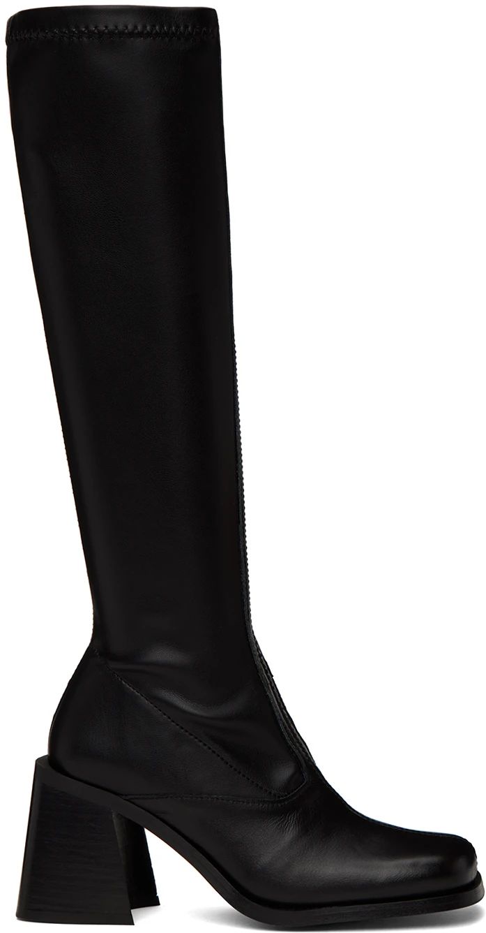 Black Eddie Tall Boots by Justine Clenquet on Sale Faux Leather Knee-high Boots For Business, Fitted Knee-high Calf Leather Boots, Business Knee-high Boots With Leather Lining, Tall Leather High Ankle Heeled Boots, Fitted Leather Mid-calf Heeled Boots, Knee-high Leather Sole Boots For Work, Knee-high Boots With Sculpted Heel, Business Knee-high Boots With Reinforced Heel, Fitted Calf Leather Platform Boots With Leather Sole