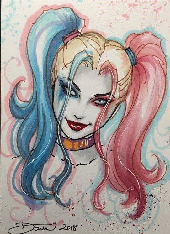 a drawing of a woman with blue hair and clown makeup