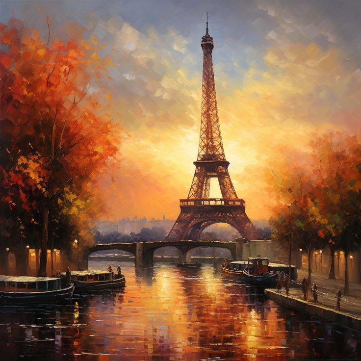 a painting of the eiffel tower in paris with boats floating on the water