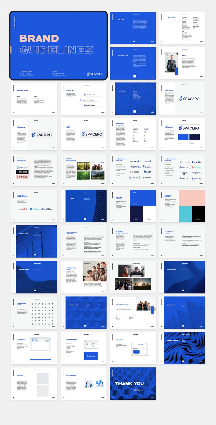 the blue and white website design is displayed in multiple sections, including one for each page