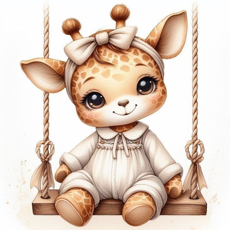 a cute giraffe sitting on a swing with a bow in its hair and wearing a white outfit