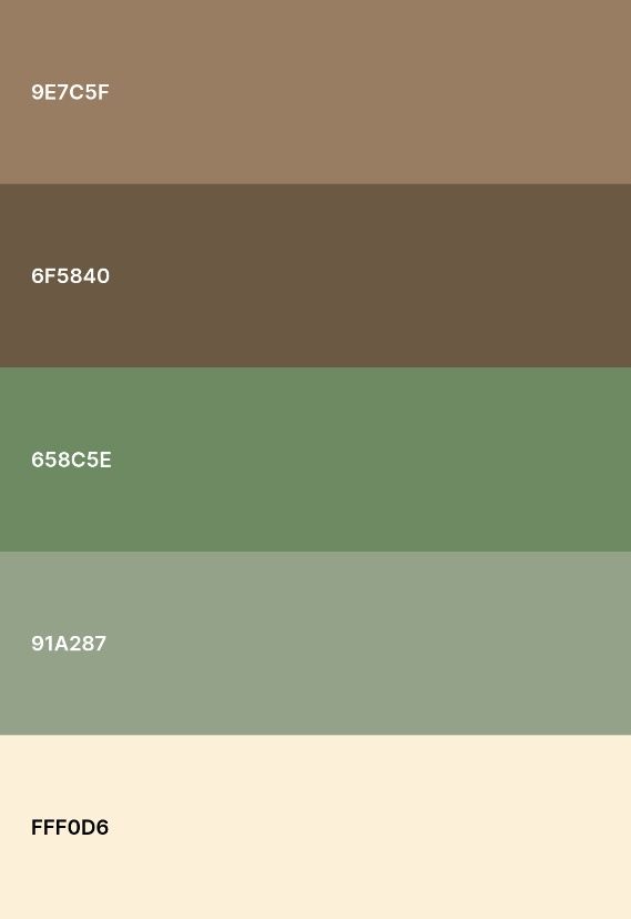 the color palette is brown, green, and beige with neutrals in each section