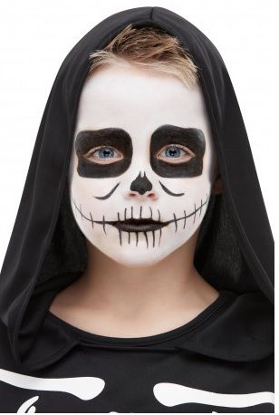 Esqueleto Skeleton Makeup Kids, Kids Halloween Face, Face Painting Halloween Kids, Halloween Skeleton Makeup, Skeleton Face Paint, Maquillage Halloween Simple, Halloween Makeup For Kids, White Face Paint, Makeup Kit For Kids