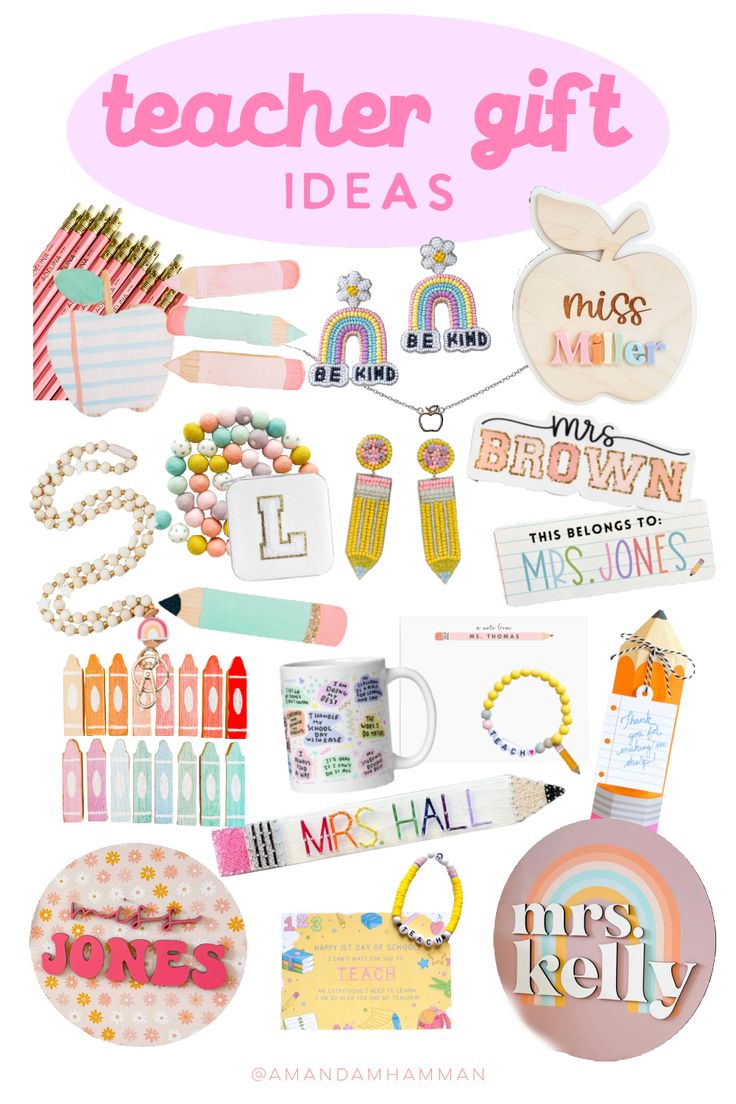 the teacher gift ideas poster is shown in pink, white and yellow colors with an assortment of items on it