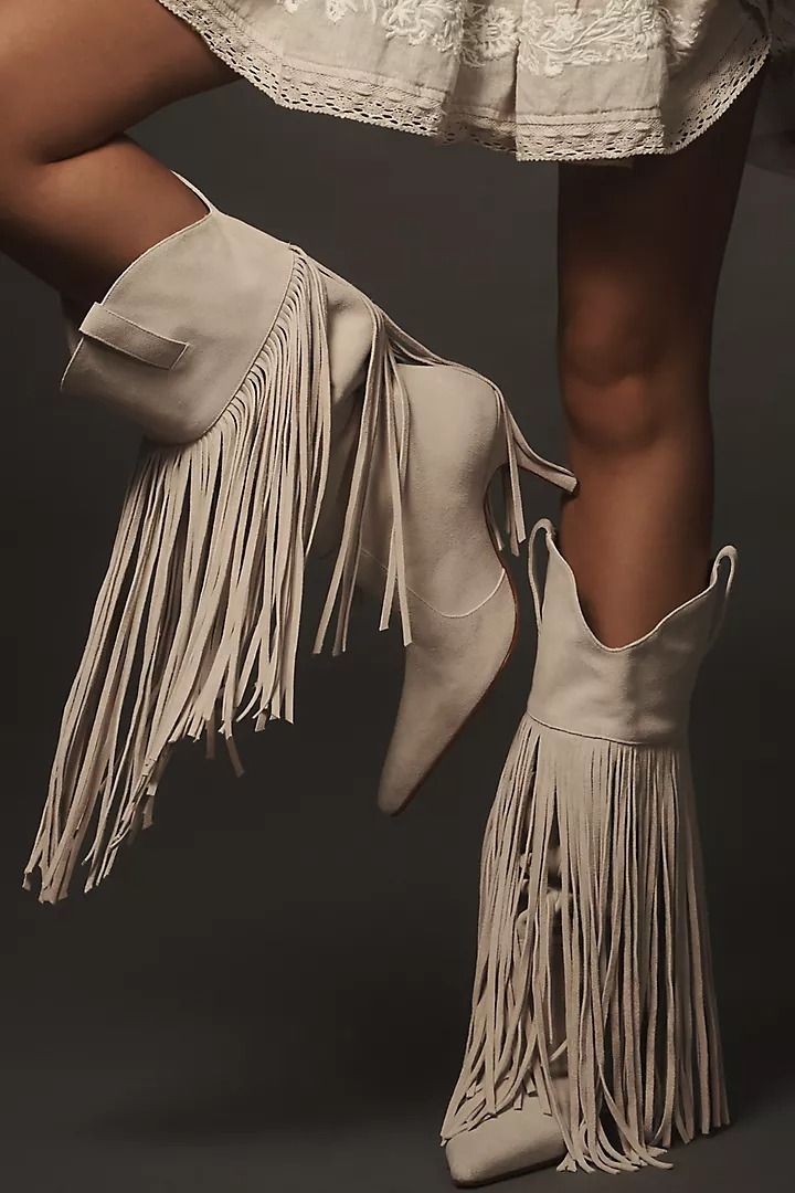 Schutz Raffaela Up Fringe boots | Anthropologie Fringe Clothing, Fringe Ankle Boots, Fab Shoes, Fringe Booties, Trending Boots, Fringe Boots, Exclusive Dress, Western Boot, Swag Shoes