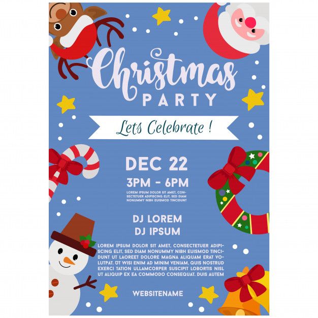 a christmas party poster with snowmen, santa clause and other holiday items on it