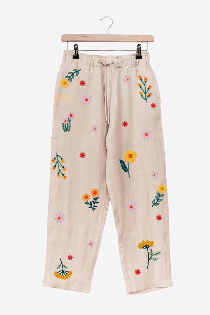 Golden Blooms Easy Embroidery Pattern - DMC Embroidery Designs For Pants, Embroidery Designs Pants, Dandiya Dress, Sunny Flowers, Women Trousers Design, Cotton Tops Designs, Clothes Embroidery Diy, Easy Embroidery, Green Shades