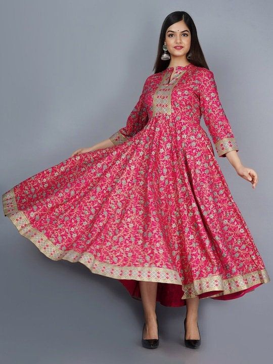 Sizes: To Fit Bust(in inches): S(34), M(36), L(38), XL(40), 2XL(42), 3XL(44) Length: 50inches PRODUCT DETAILS Color: Pink and gold-toned Ethnic motifs printed Round neck Three-quarter, regular sleeves Anarkali shape with regular style Ankle length with flared hem Material & Care Viscose rayon Dry Clean Complete The Look You'll love the elegant design and fit of this stunning kurta from Vitans. Dress up for your next family event by pairing this piece with your best Kolhapuris and simple jewelry. Eid Anarkali Kurta With Block Print, Traditional Long Kurta With Block Print, Anarkali Kurta With Block Print And Long Sleeves, Anarkali Block Print Kurta For Diwali, Transitional Anarkali Fitted Kurta, Fitted Anarkali Kurta For Transitional Season, Bollywood Style Block Print Kurta For Navratri, Transitional Fitted Anarkali Kurta, Ankle-length Block Print Kurta For Navratri