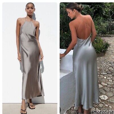 ZARA Open Back Satin Dress  | eBay Silver Satin Dress Formal, Formal Summer Maxi Length Backless Dress, Formal Summer Maxi Backless Dress, Formal Summer Backless Maxi Dress, Elegant Backless Maxi Dress For Spring, Chic Floor-length Backless Dress For Date Night, Chic Floor-length Slip Dress For Date Night, Spring Evening Backless Floor-length Dress, Chic Floor-length Satin Dress For Date Night