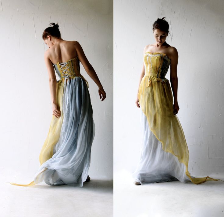 two pictures of a woman in a yellow and blue dress with her back turned to the camera