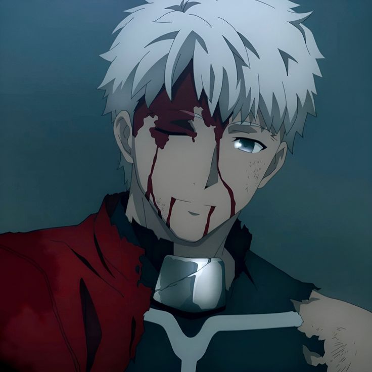 an anime character with white hair and blood on his face is staring at the camera