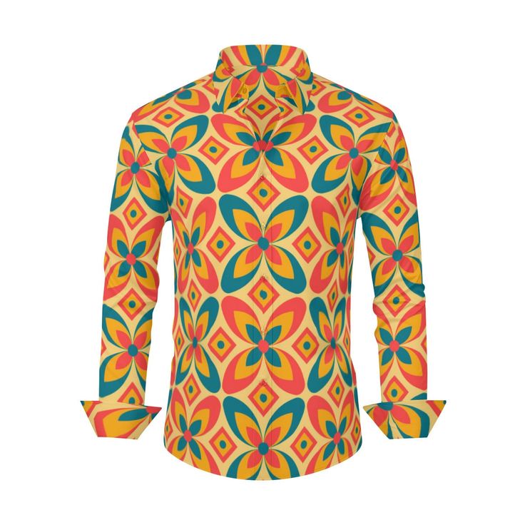 Embrace the spirit of the groovy 70s, disco shirt era with our Groovy 70s Shirt Style, a nod to the iconic 70s clothing style that exudes Hippie Shirt charm. This Multicolor Shirt for Men is designed to transport you back to the era of free-spirited fashion, featuring a vibrant and lively Floral Print that captures the essence of Hippie Style.Crafted from 100% Polyester, this long-sleeved shirt offers both comfort and style. With its multicolor design and absence of a pocket, it showcases a clea Fitted Disco Shirt For Summer, Fitted Groovy Spring Tops, Fitted Groovy Tops For Spring, Retro Summer Party Shirt, Retro Fitted Summer Shirt, Retro Fitted Shirt For Summer, Spring Retro Party Shirt, Fitted Cotton Shirt With Vintage Print, Fitted Orange Cotton Shirt