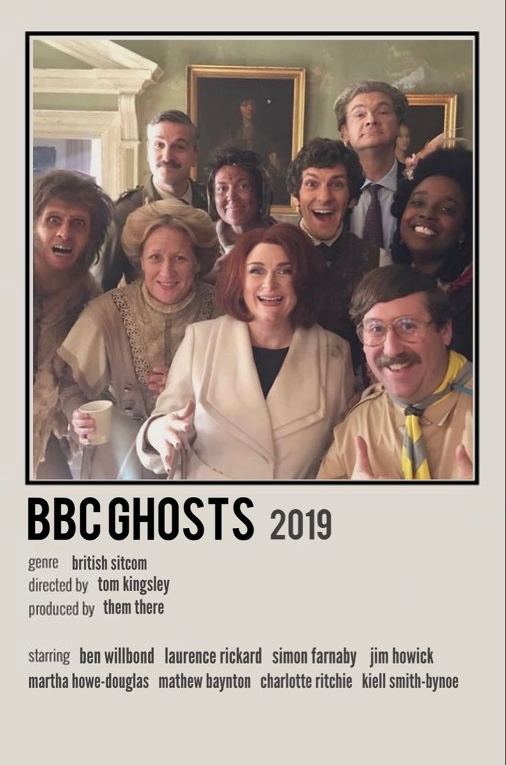 a group of people standing together in front of a poster with the words bbc ghost