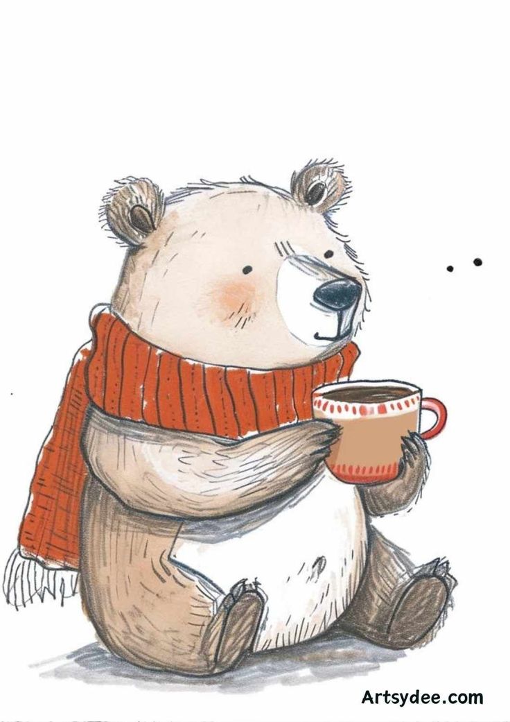 a drawing of a polar bear holding a coffee cup and wearing a red knitted scarf