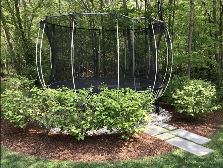 an empty trampoline in the middle of a garden with shrubs and trees around it