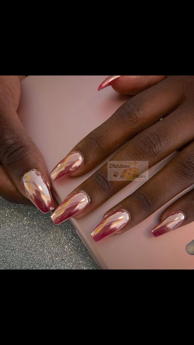 Metallic Nails On Black Skin, Chrome Nail Art Rose Gold, Rose Gold And Copper Hair, Fun Chrome Nails, Peach Chrome Nails, Tan Chrome Nails, Orange Chrome Nails, Copper Nails Designs, Mexico Nails