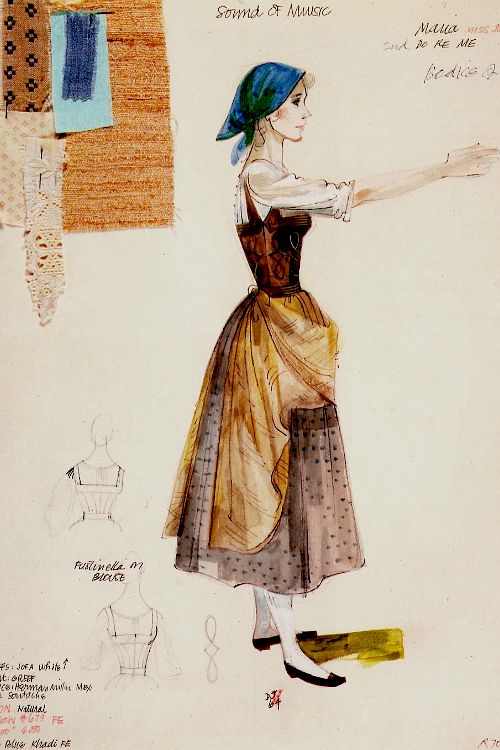 a drawing of a woman in a dress and hat with her arms outstretched, looking to the side