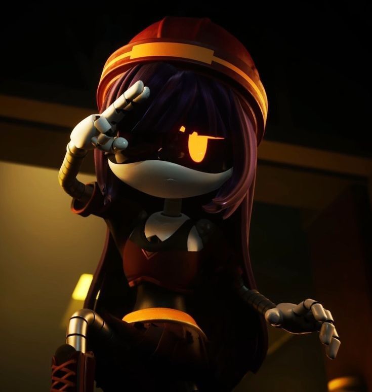 an animated image of a woman with purple hair and orange eyes holding her hand up to her face