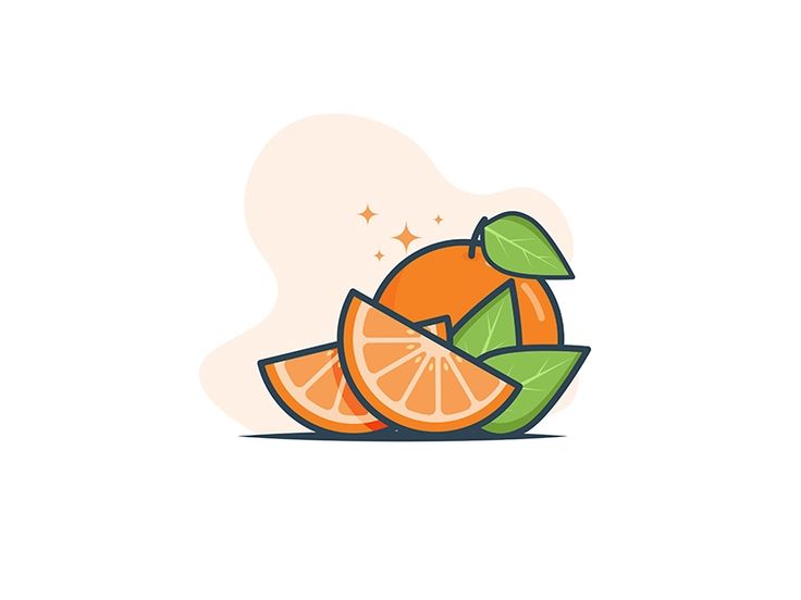 an orange sliced in half with leaves and stars around it, on a white background