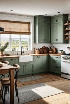 a kitchen filled with lots of green cabinets and counter top space next to a white stove top oven