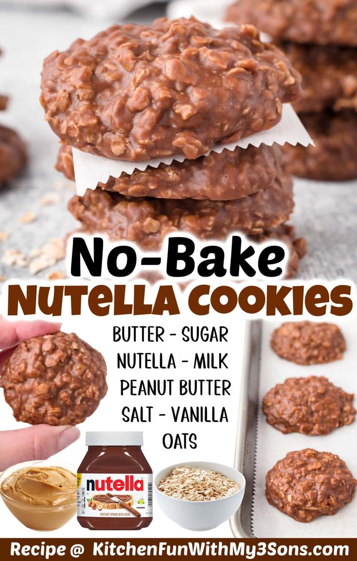 no - bake nutella cookies are stacked on top of each other with peanut butter