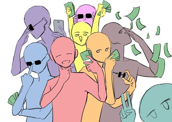 a group of people standing next to each other with cell phones and money flying out of their mouths