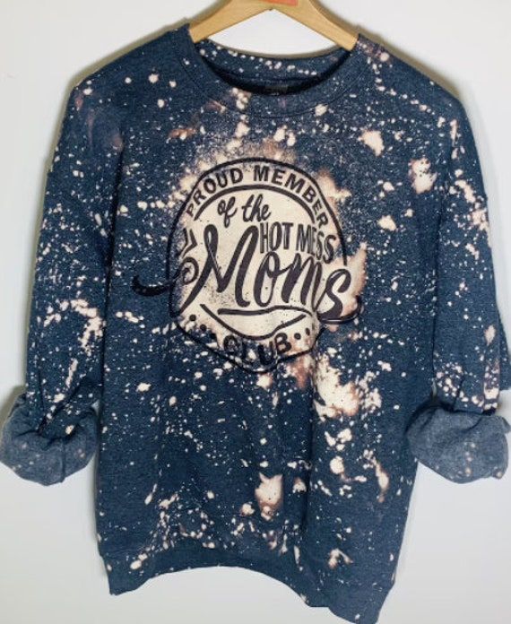 Proud Member of the Hot Mess Mom Club sweatshirt in pink or navy. Sublimation. No cracking or peeling! Sweatshirts are all unisex sizing and are 50%polyester 50% cotton. Brands will vary depending on availability. We use Gildan, Next Level, Tultex, Bella Canvas and Anvil. If you have a preferred brand, let us know! Winter Acid Wash Tops With Letter Print, Acid Wash Sweatshirt With Graphic Print, Acid Wash Long Sleeve T-shirt With Letter Print, Blue Distressed Crew Neck Sweatshirt, Acid Wash Cotton Sweatshirt With Graphic Print, Band Merch Long Sleeve Sweatshirt With Custom Print, Acid Wash Cotton Sweatshirt With Screen Print, Cotton Acid Wash Sweatshirt With Screen Print, Acid Wash Crew Neck Sweatshirt With Screen Print