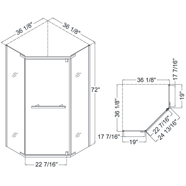 a drawing of a corner shower with measurements