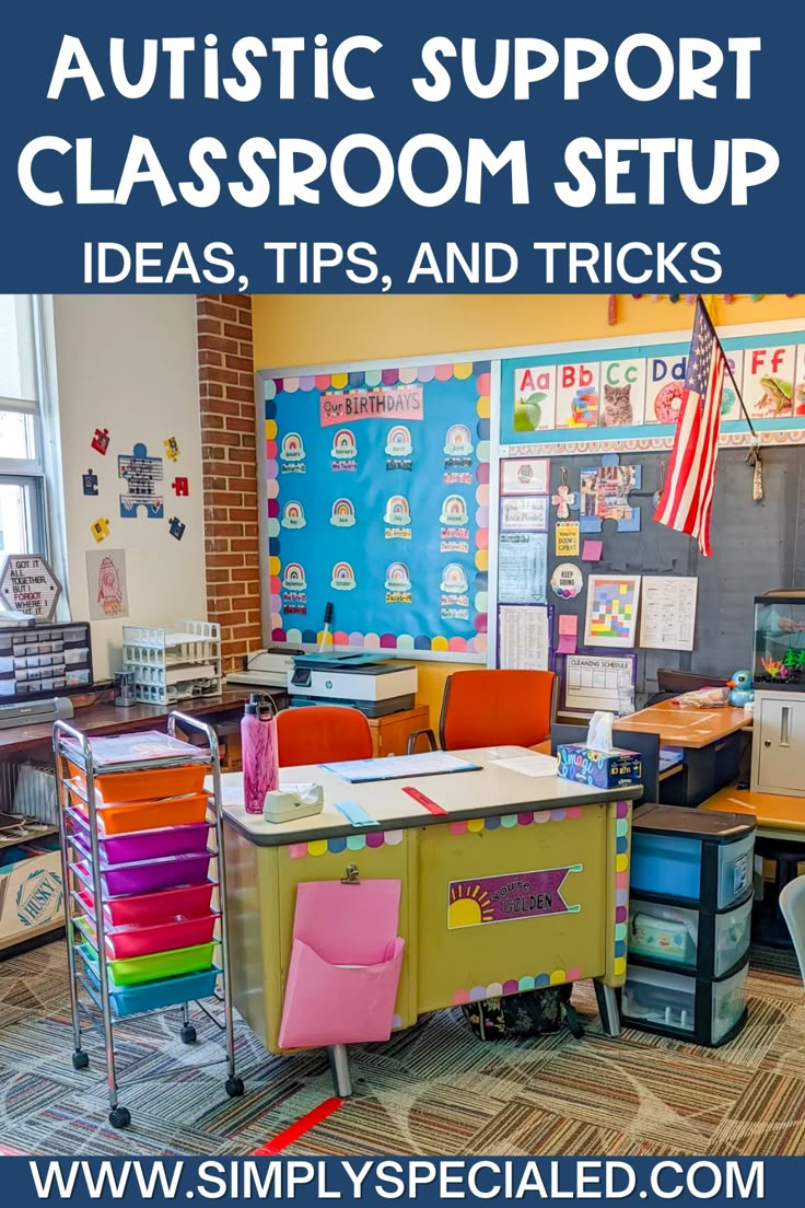 classroom setup with colorful desks and chairs