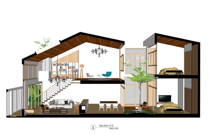 a drawing of a living room and dining area with stairs to the second floor that lead up to an upstairs bedroom