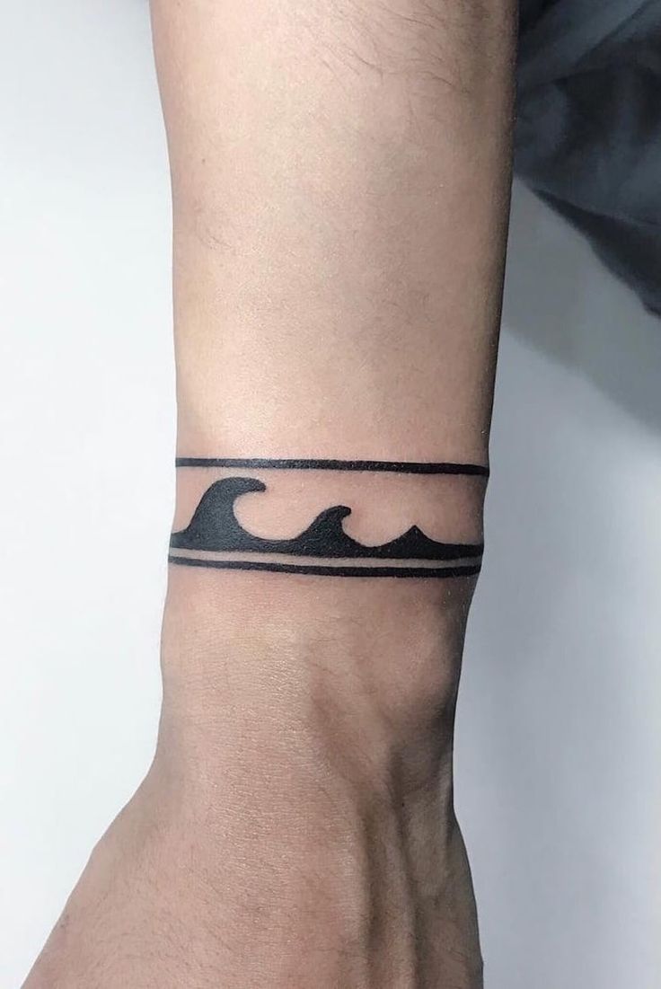 a man's wrist with a tattoo on it that has a wave in the middle