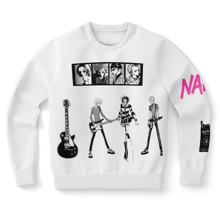 a white sweater with black and pink graphics on the front, featuring two skeletons playing guitars