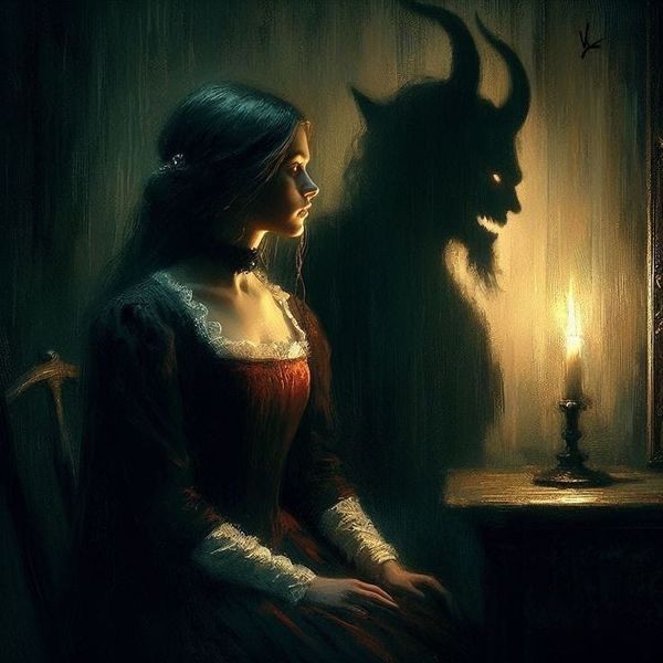 a painting of a woman sitting in front of a demon with her head turned to the side