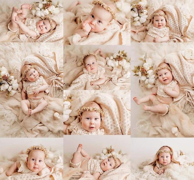 a collage of photos of a baby wearing a tiara and surrounded by flowers