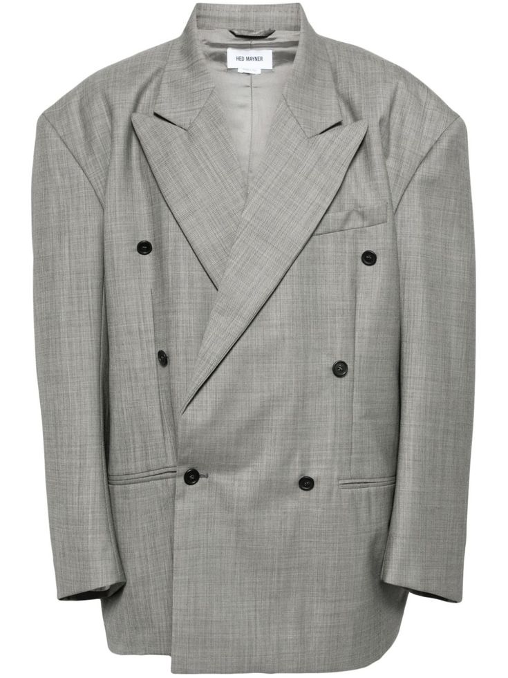 grey wool peak lapels double-breasted button fastening jetted chest pocket two side welt pockets long sleeves buttoned cuffs straight hem Hed Mayner, Mens Outerwear, Wool Blazer, Colored Blazer, Welt Pockets, Welt Pocket, Outerwear Jackets, Chest Pocket, Size Clothing