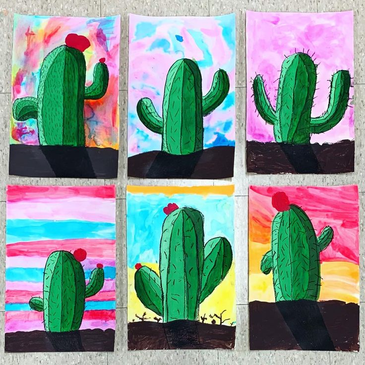 four paintings of cactus in different colors and sizes, each painted with acrylic paint