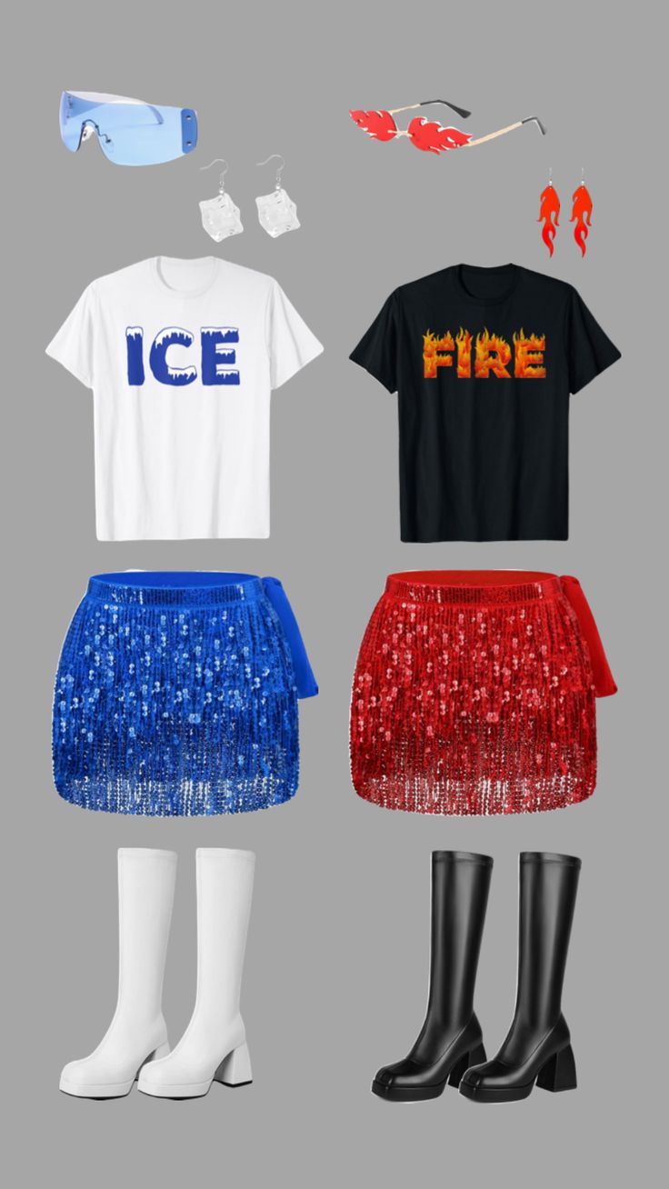 three different outfits with red, white and blue sequins on the bottom one has an ice t - shirt that says fire