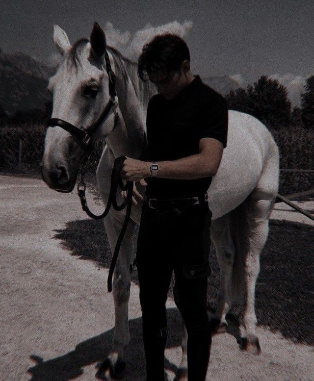 a man standing next to a white horse