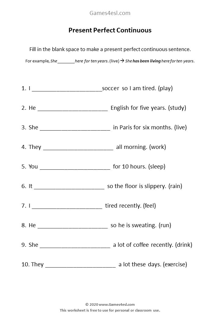 the present perfect continuous sentence worksheet is shown in this image, it shows