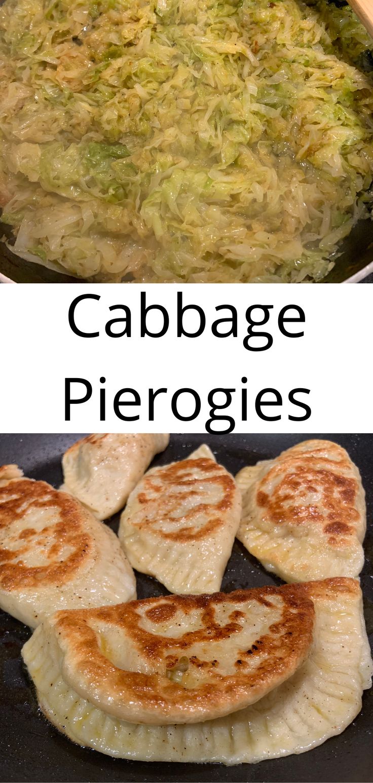 some food is cooking in a pan and the words cabbage pierogies are above it