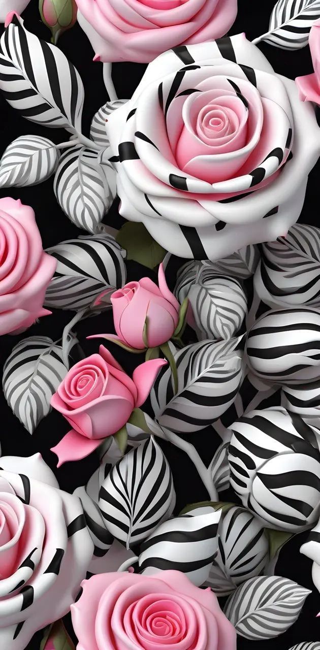 pink roses and zebra stripes are arranged in the shape of flowers on a black background