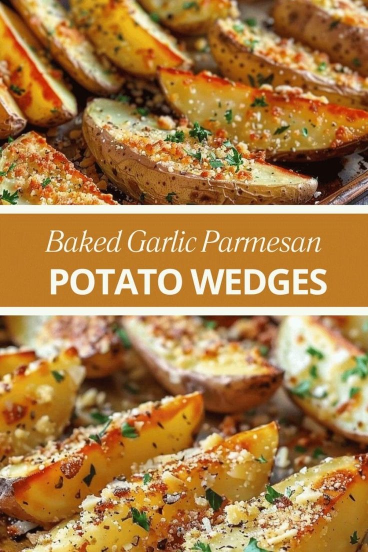 baked garlic parmesan potato wedges on a baking sheet with text overlay