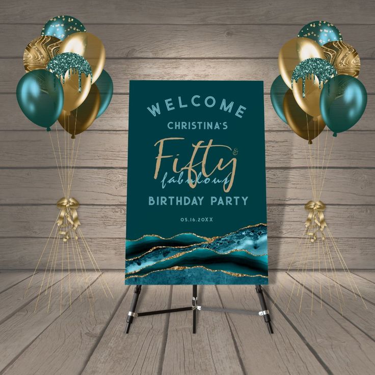 a welcome sign with balloons and streamers in front of a wooden wall that reads,'welcome christmas fiftyth birthday party '