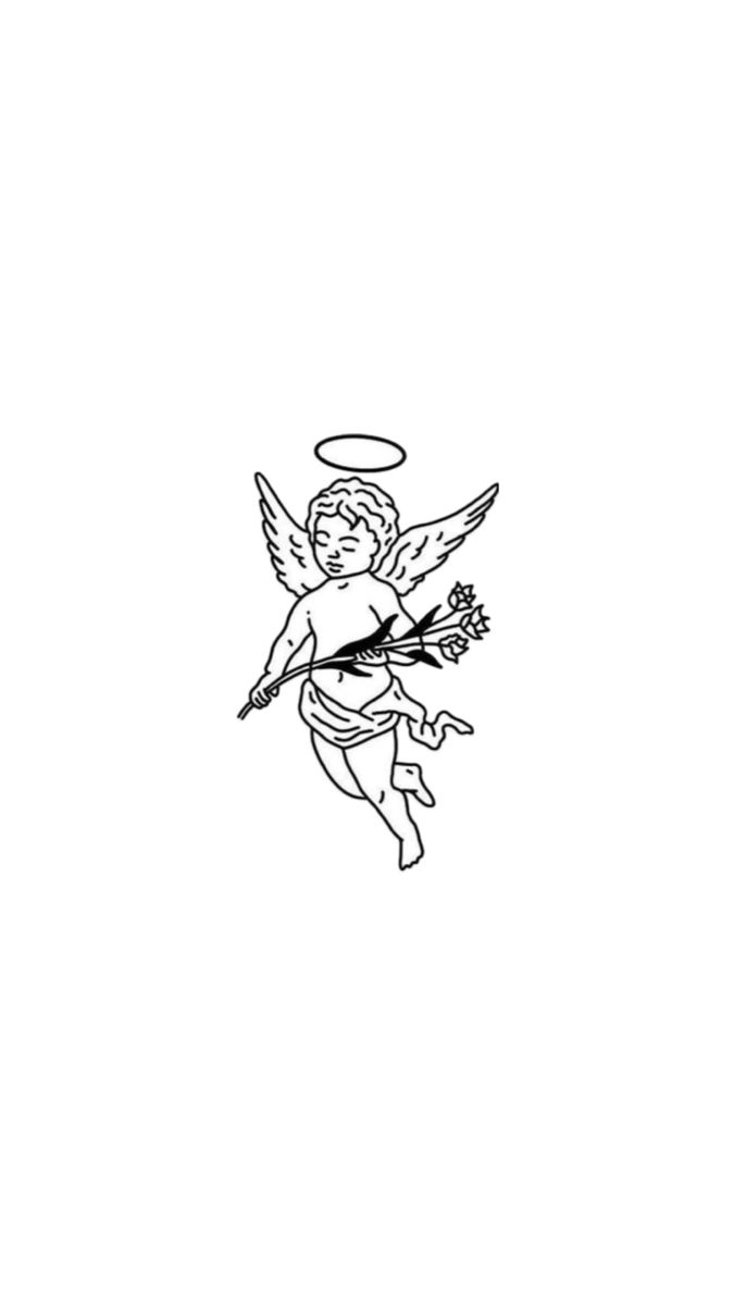 an angel with a bow and arrow in its hand is flying through the air, black and white drawing