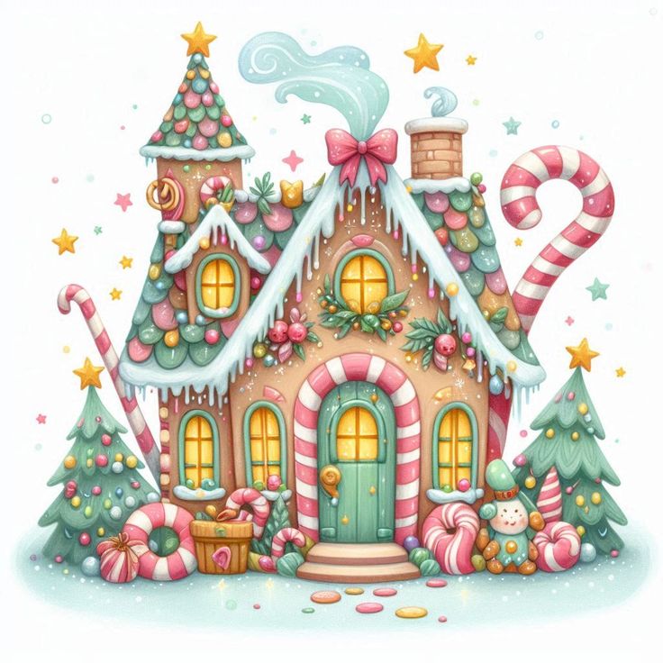 a gingerbread house with candy canes and christmas decorations