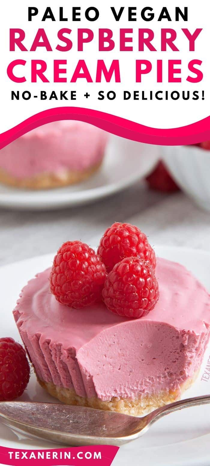 raspberry cream pie on a white plate with two raspberries in the middle