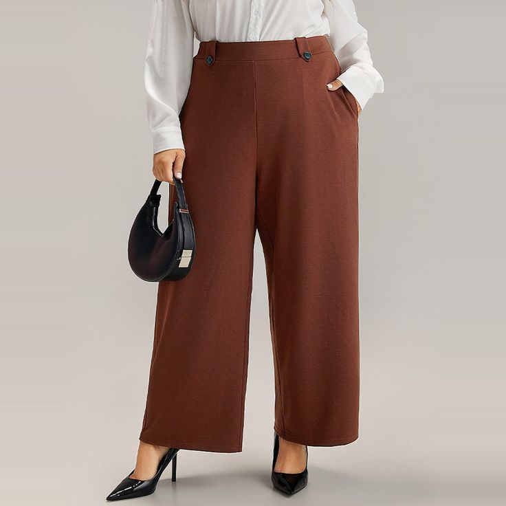 Shop Plain Button Detail Straight Leg Pants at BloomChic. Plus Size Clothing & Plus Size Pants. BloomChic is a digital-first fashion and lifestyle destination for modern women sizes 10-30. Winter Office Brown Bottoms, High-waist Brown Pants With Buttons, Brown Wide Leg Bottoms With Buttons, High Waist Brown Pants With Buttons, Brown High Waist Pants With Buttons, Elegant Brown Pants With Button Closure, High Waist Pants With Buttons For Winter, High Waist Winter Pants With Buttons, Brown Pants With Button Closure For Fall